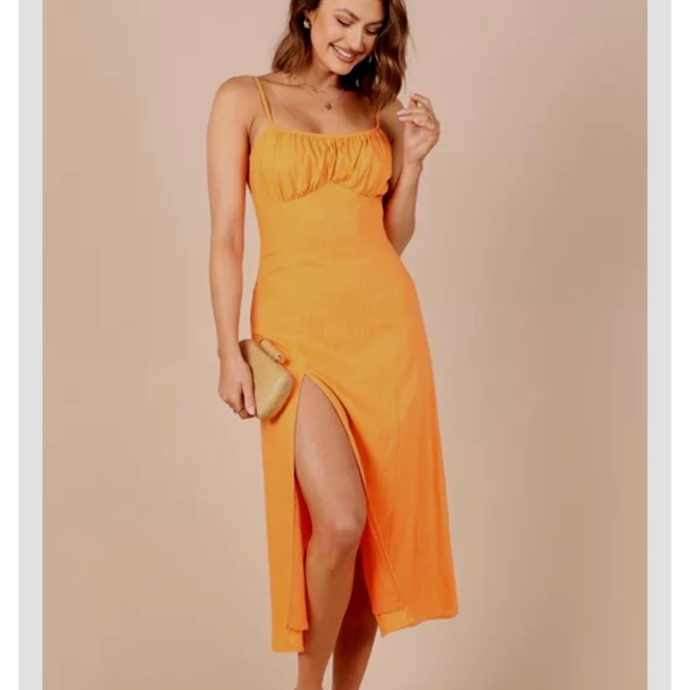 Petal + Pup Orange Linen Blend Ruched Bust Midi Dress Front Slit Womens Large